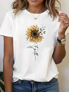 1 Piece Women's T-Shirt With Sunflower And Butterfly Print - Casual Short Sleeve Round Neck Blouse With Sunflower And Butterfly Design, Medium Elasticity Fabric, Spring-Summer Clothing For Mild Climate, Opaque Machine Washable Top For Casual And Elegant Occasions - 180g 100% Cotton. - 白色 - 查看 9