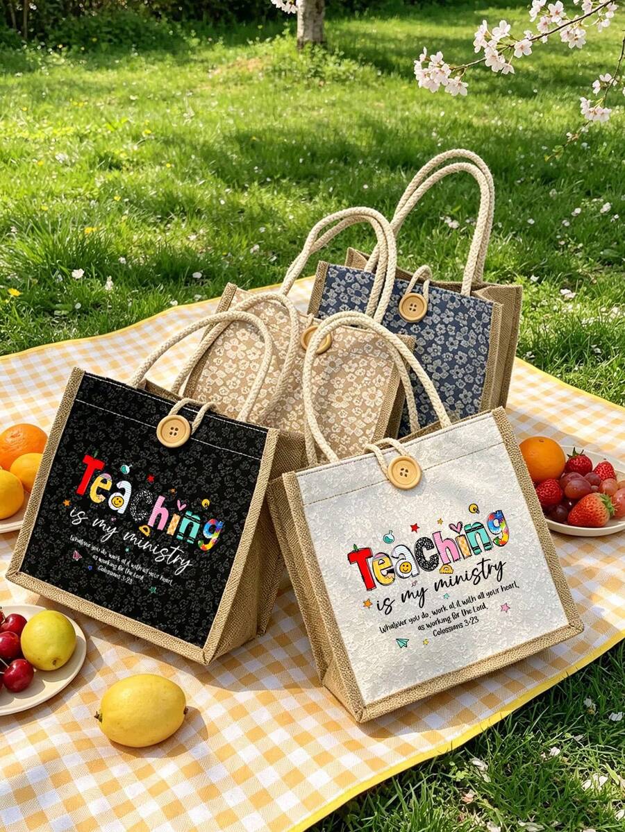 Best Teacher Letter Print Tote Bag - Suitable For Mother's Day, Thanksgiving, Women's Day And Goddess Day Gifts. Suitable For Daily Use. - Multicolor - View 1