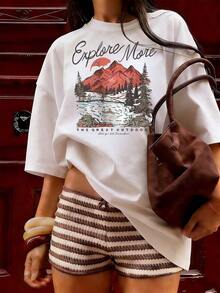 Retro And Adventurous Style Short-Sleeved T-Shirt,  Short-Sleeved T-Shirt For Spring And Summer 2026, Made In Mexico, 180 Grams. Cartoon Print, Couple Design, Suitable For Indoor Or Outdoor Wear. Crew Neck, Unisex, Ideal For Office And Leisure. One-Pack. - WH-P631577SLNDXZGY563 - 查看 4