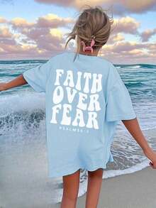 Women's Casual Short-Sleeved Crew Neck T-Shirt With A Slogan Print, Perfect For Vacations. Printed T-Shirt, Available In White, Black, And Pink, Suitable For Summer Vacations. - 天藍色 - 查看 5
