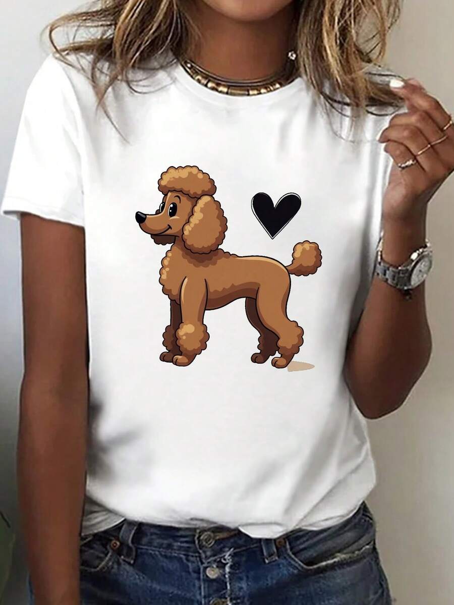 Women's Casual Crew Neck T-Shirt With Puppy And Heart Print - Short Sleeve, Lightweight, All-Season Top, Ideal For Spring And Summer, Casual Wear | Playful Dog Design | Lightweight Top - 白色 - 查看 1