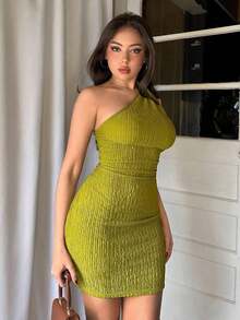 Vestido Bodycon De Un Hombro Con Diseño Texturizado - Verde - Ver 5