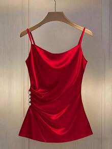 Camiseta ajustada con escote pronunciado y decoración de botones fruncidos en los laterales, de moda para mujeres - Rojo 3 - Ver 1
