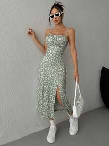 Vestido de vacaciones para mujer con estampado floral, punto, escote lencero y bajo con abertura - Verde Oliva - Ver 4
