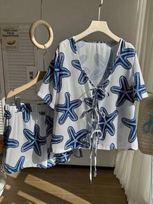 piezas de blusa y shorts con estampado floral para mujer de talla grande - Multicolor 5 - Ver 8