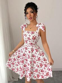 Nuevo vestido de línea A con lazo en el hombro y cintura, estampado floral diminuto, elegante y casual para vacaciones, con silueta favorecedora - Rojo - Ver 4