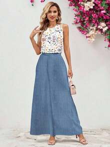 2 piezas Conjunto de mujer con estampado floral verde, adecuado para el verano - Azul - Ver 3