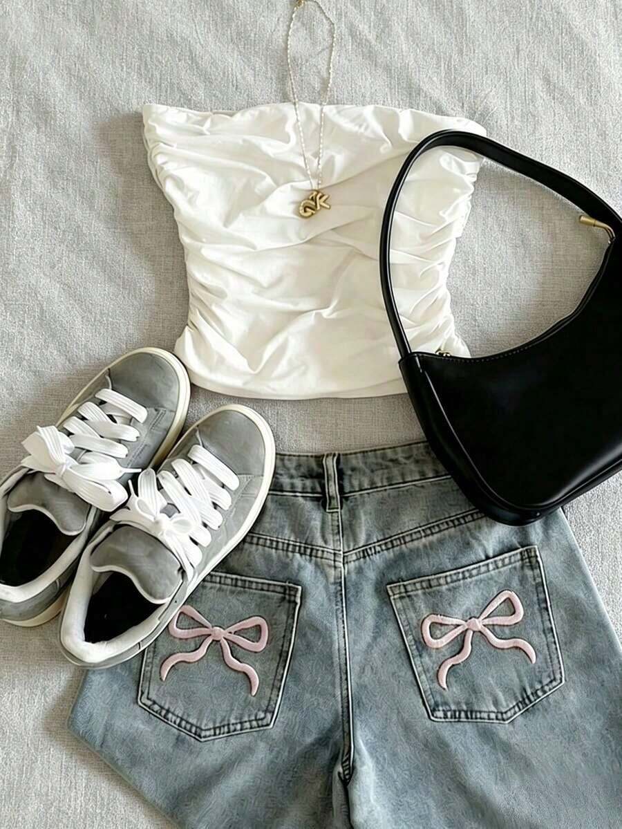 Top sin tirantes con volantes de lunares casual, top corto delgado multifuncional, adecuado para uso diario, regalos de vacaciones, moda, camiseta elegante, camiseta atractiva, regalos para hermanos y hermanas, regalos para hermanas, regalos para mamá, regalos del Día de la Madre - Blanco - Ver 1