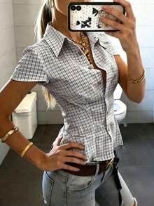 Camisa ajustada de mujer con cuello polo y manga corta - Blanco y Negro - Ver 5