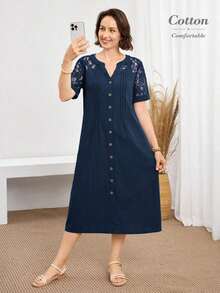 Vestido casual diario de encaje y parches para mujer, primavera y verano - Azul marino - Ver 1