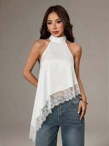 Blusa sin mangas elegante y formal con cuello halter asimétrico, adorno de encaje y hombros descubiertos para fiesta, cóctel, boda o salida nocturna en verano y otoño - Blanco - Ver 3