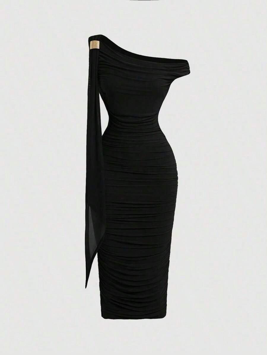 Vestido elegante de longitud media, de corte ajustado, cuello asimétrico y drapeado en unicolor para mujer - Negro - Ver 1