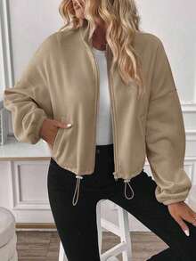 Women's Zip-Up Drawstring Long Sleeve Casual Hooded Sweatshirt Jacket,Airport Women Outfits,Three Quarter Sleeve Tops In Fall/Winter - 卡其色 - 查看 4