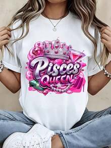 1 Piece Of Women's Round Neck T-Shirt With Pisces Queen Crown Print And Pink Gems, Short Sleeve, Casual Wear For Daily Outfits And Zodiac Fashion, 180g, 100% Cotton. - 白色 - 查看 7