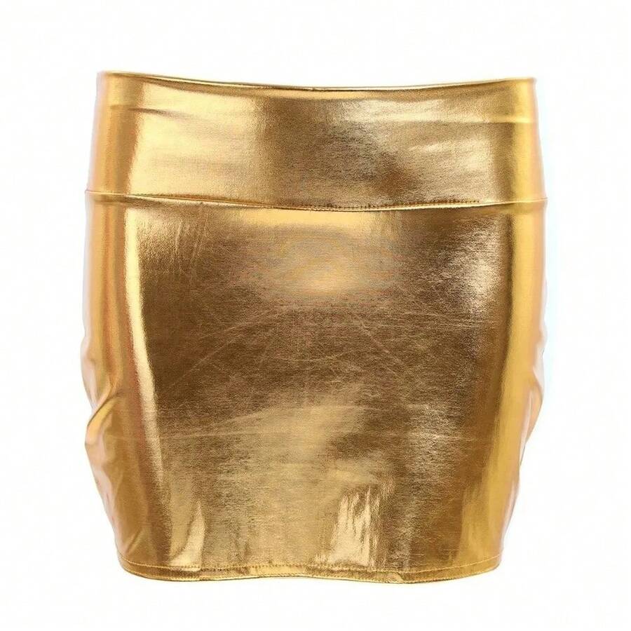 NUEVA Minifalda Metálica Ajustada de Cuero Sintético Elástica para Fiesta, Falda Lápiz Ajustada de Alto Brillo para Moldear el Cuerpo, Ideal para Fiestas - Dorado - Ver 1