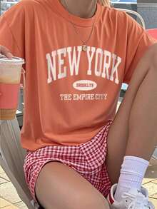 Women's Casual Loose Fit Letter Print T-Shirt, Versatile Everyday Casual Fashion. Printed T-Shirt, Vacation - 橘色 - 查看 8