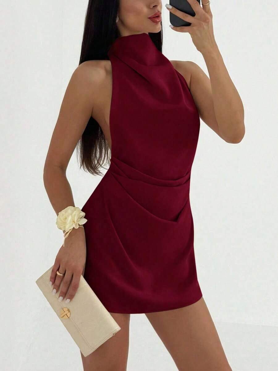Vestido mini plisado con espalda descubierta y atar para mujer, de estilo minimalista - Burdeos - Ver 1