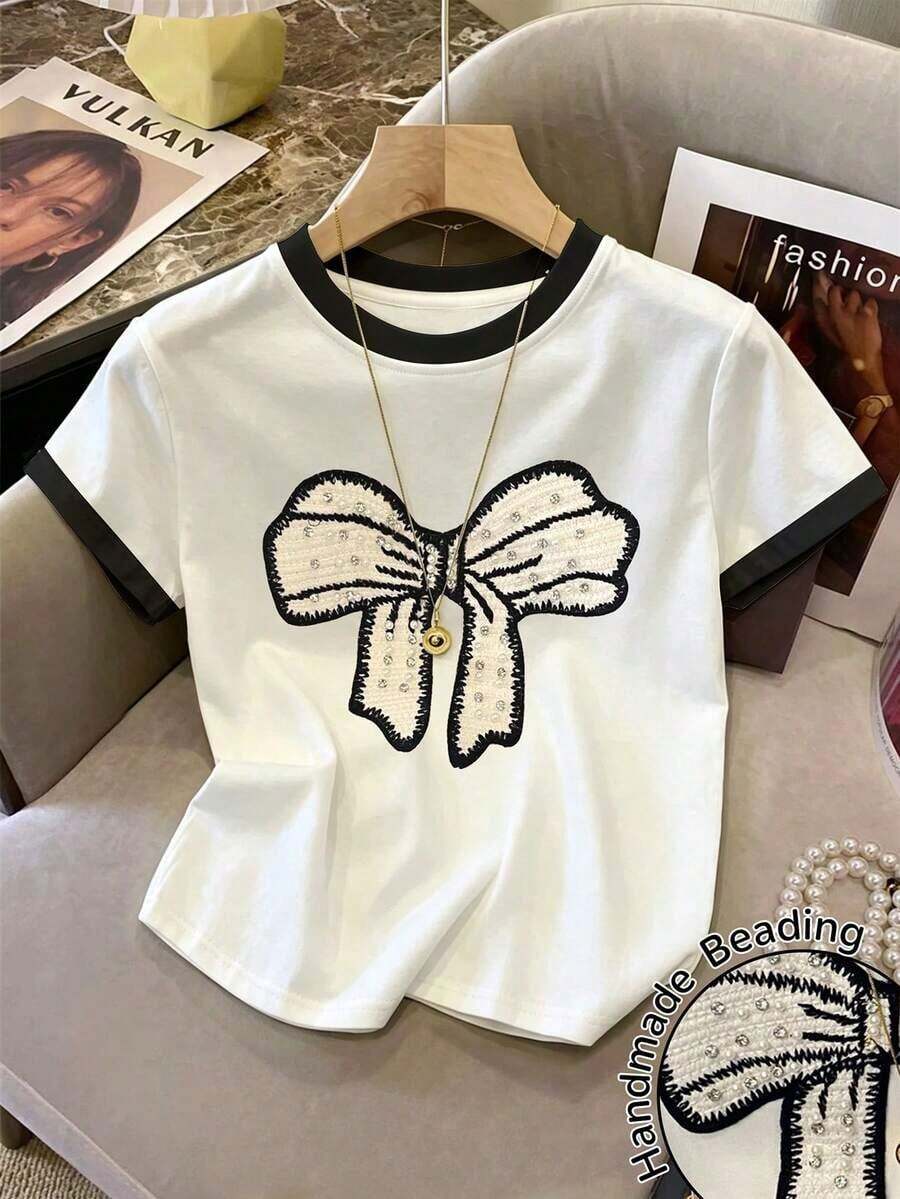 Camiseta de mujer de manga corta con cuello redondo, bloque de color, bordado de corazón a rayas y versátil - Blanco 12 - Ver 1