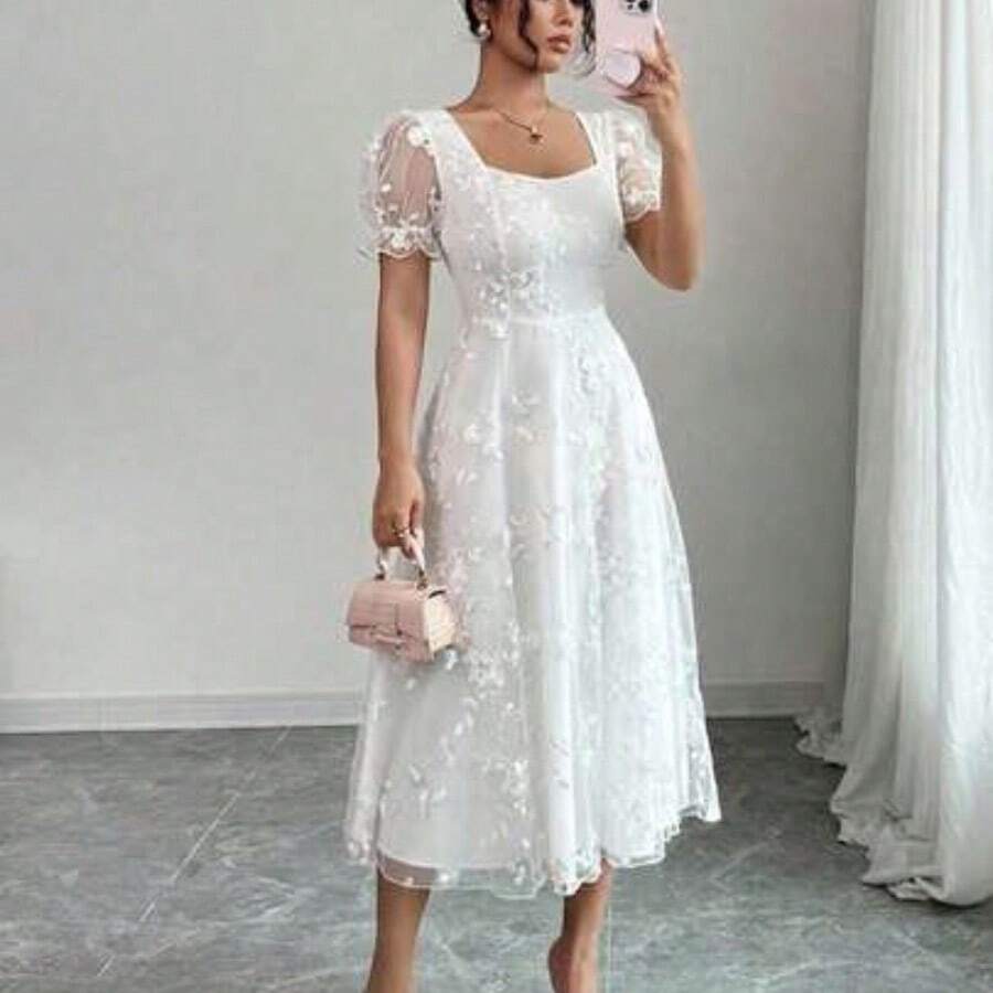 Women's Floral Embroidered Mesh Petal Sleeve Elegant Dress - Blanco - Ver 1