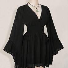 ICON Women's Halloween Goth Black Corset Solid Color V-Neck Waist Cinched Elegant Long Sleeve Mini Dress,Fall/Winter  Bell Sleeve Dress Black Dress With Sleeves,Thanksgiving Outfit For Women - Azul - Ver 5