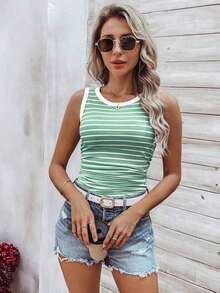 Top De Tirantes Acanalado, Ajustado Y Con Cuello Redondo De Mujer Con Rayas - verde menta - Ver 3