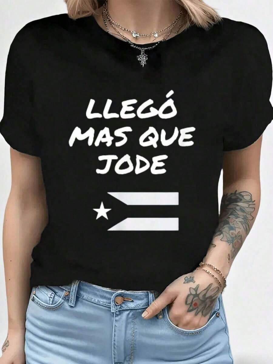 Ropa de verano, Cultura de Puerto Rico, Camiseta de manga corta negra de corte clásico Llego El Mas Que Jode, Conjuntos de verano para mujer, Tops negros espaciosos - Negro - Ver 1