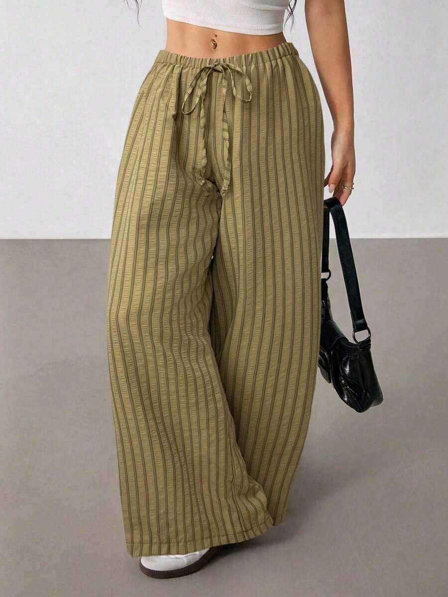 Pantalones casuales anchos de pierna ancha con cintura de corbata y rayas para mujer - Verde militar - Ver 1