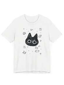 Spring/Summer 2026, New Off-The-Shoulder Summer T-Shirt, Beautiful, Casual Women's Clothing, Short-Sleeved T-Shirt For Women, Quirky Cat Head Design With Stars, Planets, Hearts, Clouds, Short-Sleeved T-Shirt With Japanese "Neko" Pattern, Fun And Cute Style, Comfortable And Skin-Friendly, Casual Everyday Top. A Very Distinctive Printed T-Shirt / Unisex Style / Suitable For Both Men And Women / Wrinkle-Resistant / Breathable - 白色 - 查看 11
