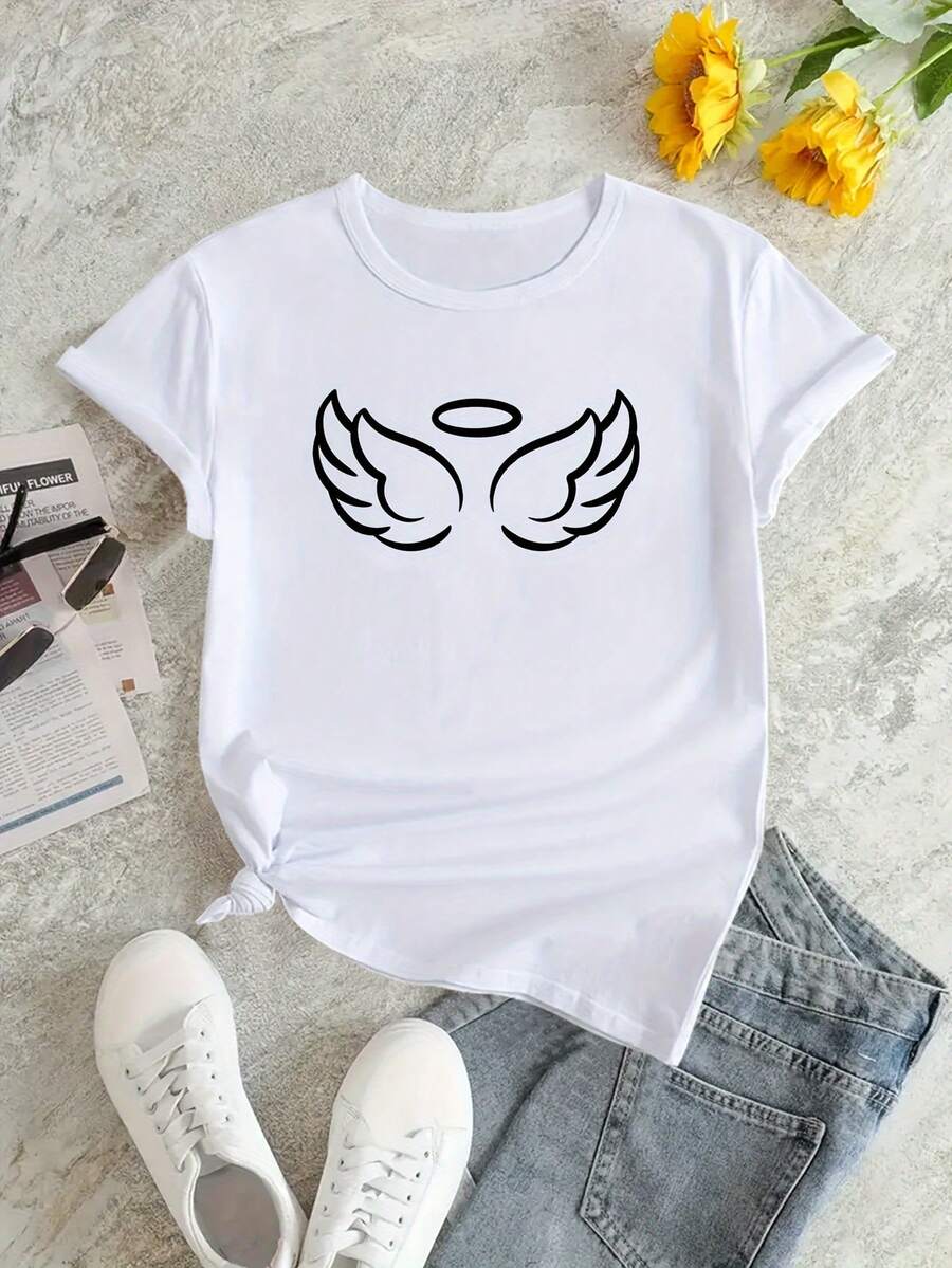 Camiseta casual holgada de verano con un divertido estampado de dibujos animados de alas de ángel - [Blanco] - Ver 1