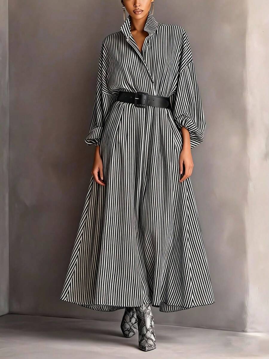 Vestido maxi de línea A de ajuste ceñido con cuello de camisa, manga larga, cinturón y rayas blancas y negras tejidas sin estiramiento para mujer - Blanco y Negro - Ver 1