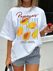 1 Piece Women's Casual Short Sleeve T-Shirt | Drop Shoulder Design, Tropical Fruit And Bright Papaya Print, Breathable Summer T-Shirt, Machine Washable, Comfortable For Daily Wear, Non-See-Through Material, Fun Design T-Shirt, 100%, INFASHULE180g-Women's Basic Printed T-Shirts, Mother's Day Gift, Casual Short Sleeve T-Shirts, 100% Pure Cotton. - 白色 - 查看 1