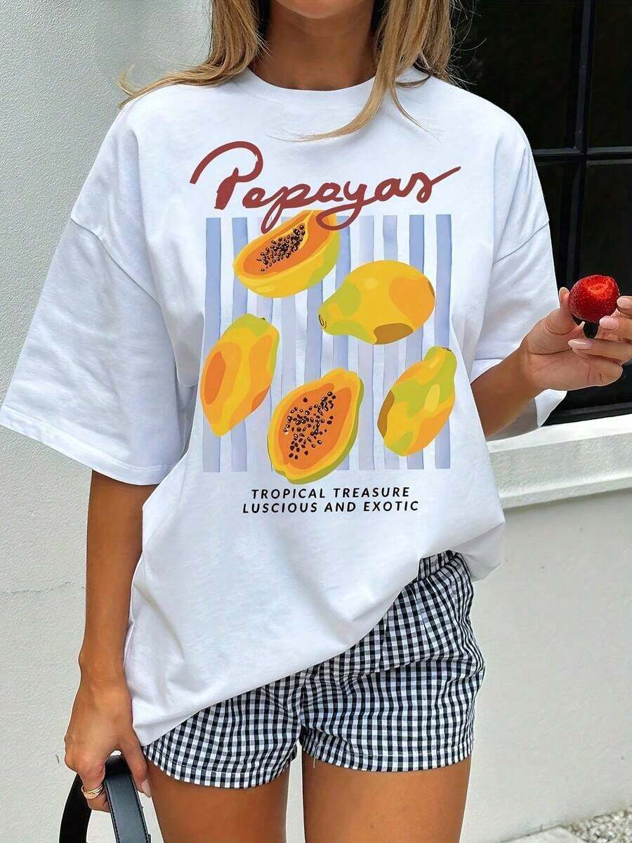1 Piece Women's Casual Short Sleeve T-Shirt | Drop Shoulder Design, Tropical Fruit And Bright Papaya Print, Breathable Summer T-Shirt, Machine Washable, Comfortable For Daily Wear, Non-See-Through Material, Fun Design T-Shirt, 100%, INFASHULE180g-Women's Basic Printed T-Shirts, Mother's Day Gift, Casual Short Sleeve T-Shirts, 100% Pure Cotton. - 白色 - 查看 1