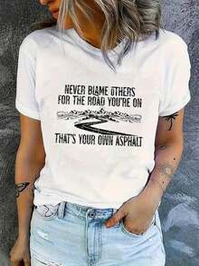 Camiseta de manga corta para mujer "Sunlit Golden Mountain" con diseño divertido y creativo en inglés, moderna y con patrón en Y, sencilla, casual y deportiva, cómoda para el verano y las vacaciones. Camiseta casual estándar para mujer, transpirable y ligera. - Blanco - Ver 7