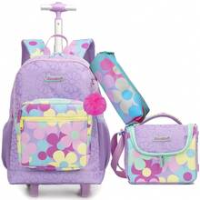 3 pezzi/set Zaino con rotelle per ragazze con borsa a tracolla, zaino scolastico con ruote e stampa carina, bagaglio a rotelle leggero - Borsa a rotelle per ragazze - Visualizzare 18