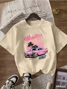 Pink Classic Car And Sunset Palm Tree T-Shirt, Fashionable Short-Sleeved T-Shirt For Spring And Summer 2026, Made In Mexico, 180 Grams. Cartoon Print, Couple Design, Suitable For Indoor Or Outdoor Wear. Crew Neck, Unisex, Ideal For Office And Leisure. One-Pack. - APR-P631577SLNDXZGY502 - 查看 3
