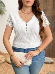 Clasi Blusas de verano para mujer de talla grande, blusa elegante, camiseta blanca, camiseta de punto jacquard, camiseta con encaje en contraste - Blanco - Ver 1