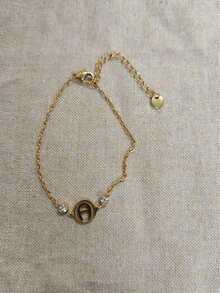 1 pieza Brazalete de disco con letra de lujo francés lleno de diamantes, cadena delicada chapada en cobre, accesorio elegante y versátil para el día a día - Pulsera redonda hueca de una sola pieza - Ver 1
