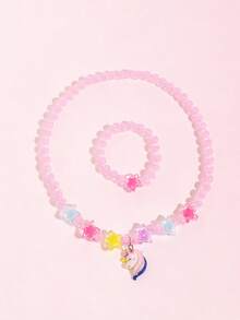 2pcs/Set Girls Cute Cartoon Flamingo Pendant Necklace Beaded Bracelet Jewelry Set, Random Color, Suitable For Girls Vacation Casual And Daily Wear, Perfect Gift - one-size - View 7