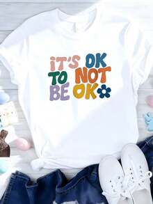 Camiseta de manga corta para mujer, 100% algodón, corte holgado, cuello redondo, informal, para uso diario en verano. Camiseta casual de manga corta para mujer con estampado gráfico "It's OK To Not Be OK", suave, elástica, cuello redondo, lavable a máquina, cómoda para todas las estaciones, tallas S-XXL en múltiples colores, ropa versátil. Camiseta de manga corta de algodón puro, holgada, con cuello redondo, transpirable, suave, informal y básica. - Blanco - Ver 4
