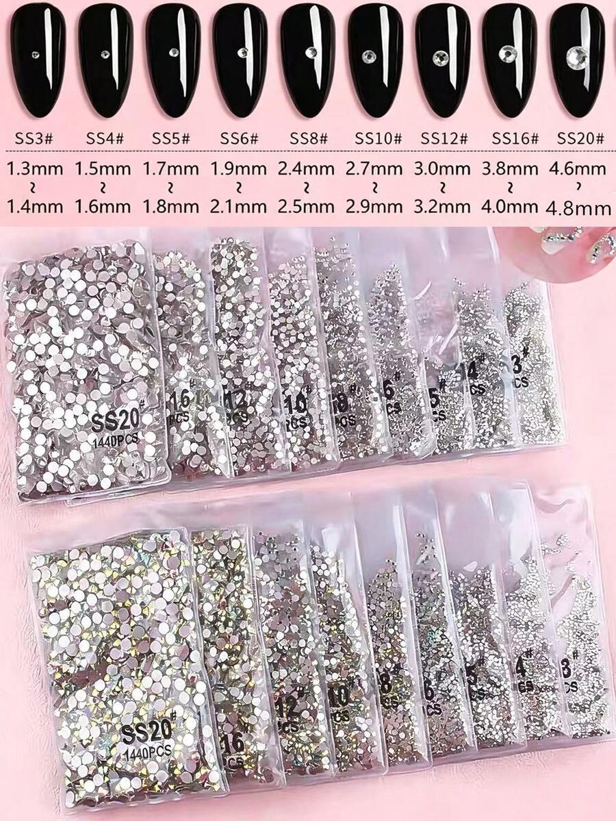 1包1440颗SS3-SS20透明平底水钻和仿水晶,DIY,美甲装饰,美甲配件,美甲产品,美甲装饰,美甲用品 - 彩色 - 查看 1
