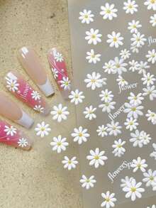 2pcs 5D Embossed Daisy Nail Stickers, Self-Adhesive White Flower Nail Decals Spring Floral Nail Sliders DIY Nail Art Decoration - Multicolor - View 6