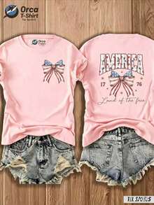 Camiseta de Mujer con Estampado de Lazo y Bandera de "Tierra de los Libres" - Atuendo para el 4 de Julio, Top Casual de Cuello Redondo con Diseño de Mapa, Adecuada para Primavera Verano, Regalo (Envío Local) - Rosa - Ver 3