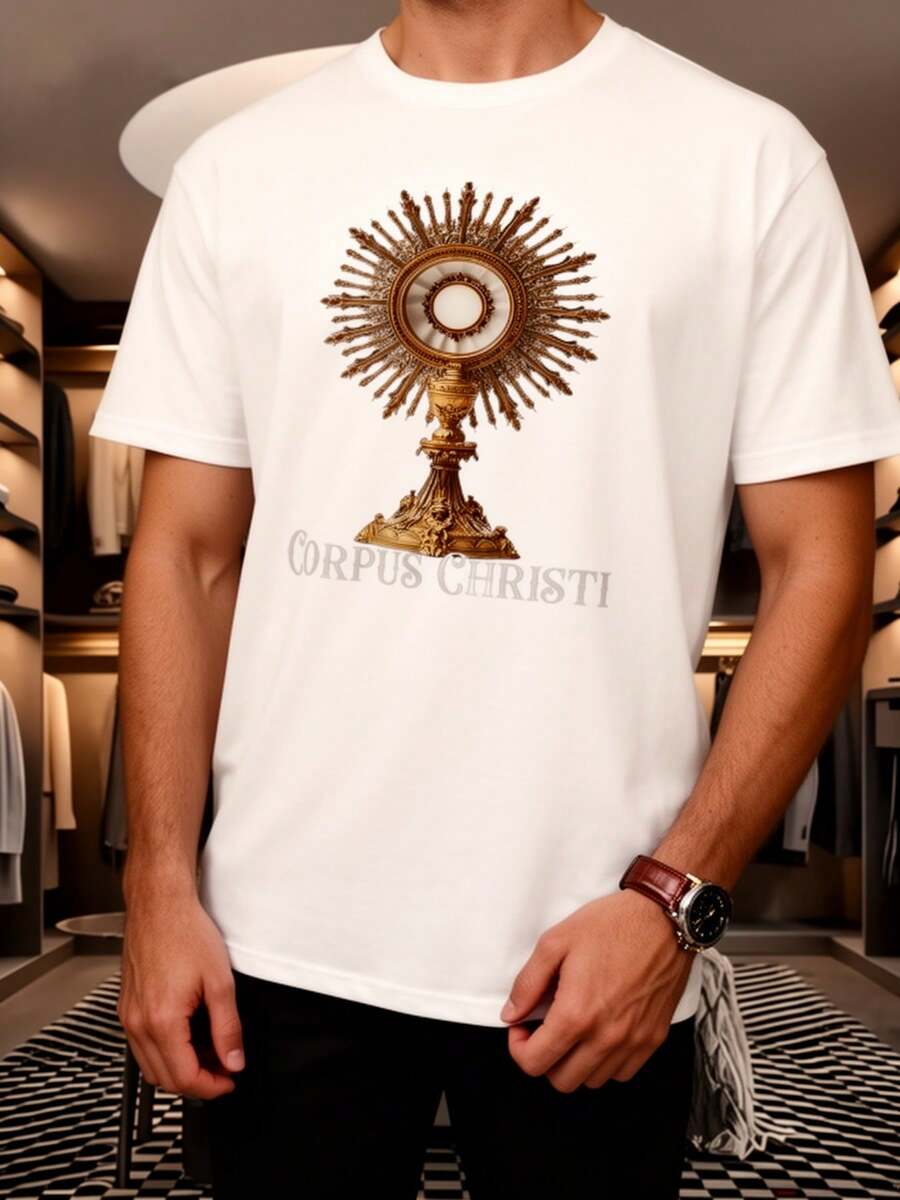 Corpus Christi Chalice Design T-Shirt - Christian Faith T-Shirt With Chalice Adoration Design, Casual Round Neck And Short Sleeves - Religious Cross Design T-Shirt For Easter, Christmas, First Communion, Confirmation, For Catholic And Christian Believers, Family And Friends, Christian T-Shirt, Church T-Shirt, God T-Shirt. - 白色 - 查看 1