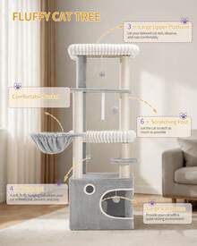 HEXCELEN 151cm Cat Tree, Multi-Level Corner Cat Tower For Indoor Cats, 3 Large Soft Platforms, 6 Sisal Scratching Posts, Large Cave, Basket, Pompoms - Light Grey - View 3