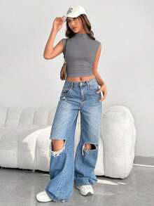 Top de punto de unicolor para atuendos de verano - Gris - Ver 4