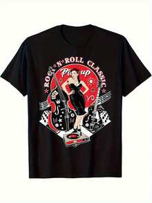 Unisex 1950s Style T-Shirt, Casual Summer Wear, For Outdoor Sports, For Men And Women - 黑色 - 查看 1