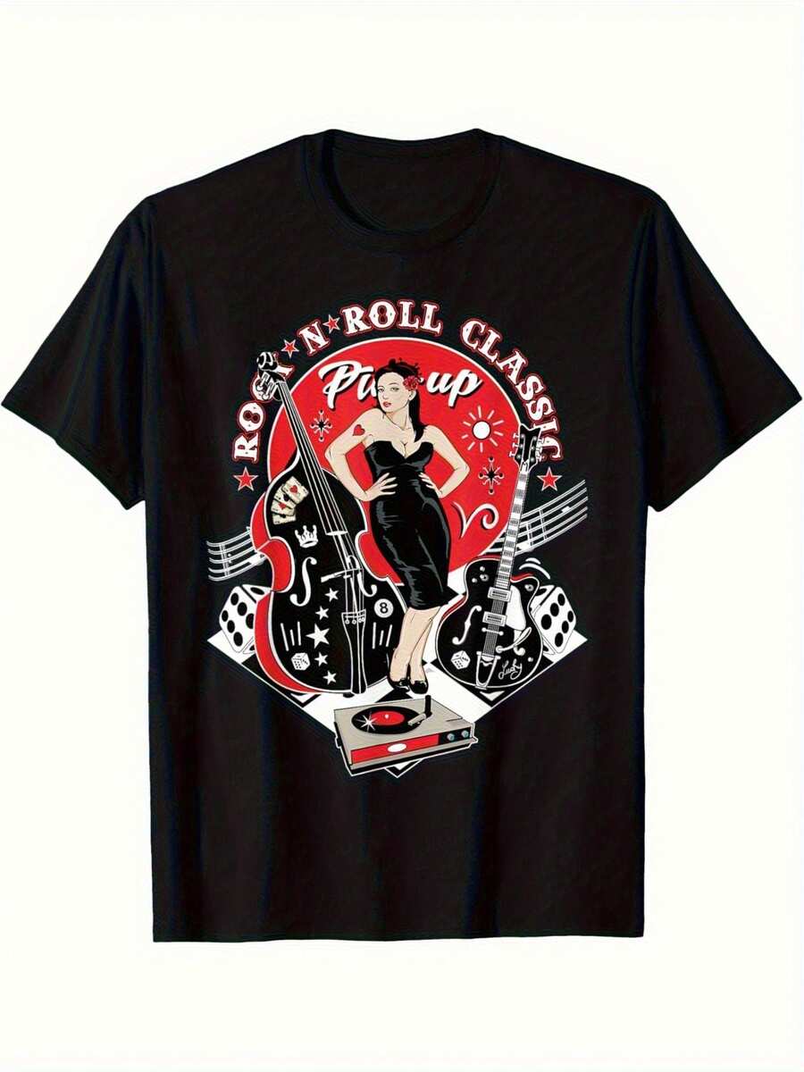 Unisex 1950s Style T-Shirt, Casual Summer Wear, For Outdoor Sports, For Men And Women - 黑色 - 查看 1