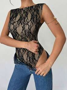 Body de unicolor con escote pronunciado y espalda descubierta, sexy y versátil para vacaciones y fiestas - Negro 4 - Ver 3