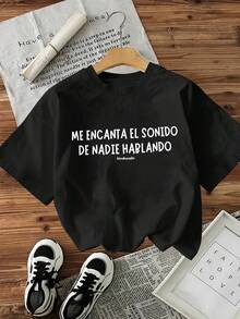 Stylish and Simple English Slogan Print Pattern Summer Women's Casual Fashion Round Neck T-shirt Ropa deportiva estilo Y2K, cuello redondo, 100% algodón, tejido suave, manga corta. - Negro - Ver 7