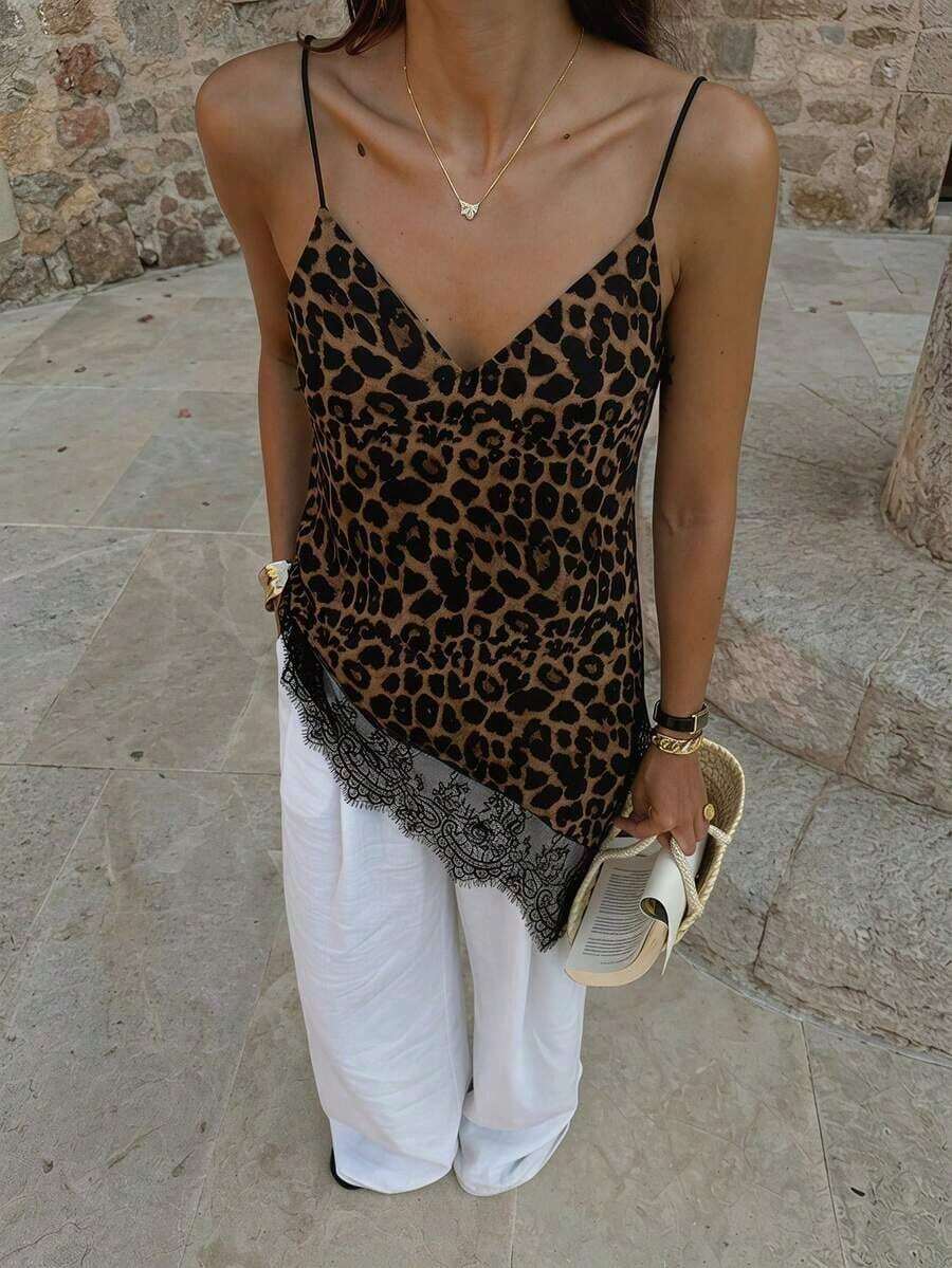 Camiseta elegante y sexy de mujer con estampado de leopardo y encaje en contraste, camiseta de estampado de leopardo elegante, top de fiesta, atuendos de playa y vacaciones para mujeres, top para salir - Blanco 2 - Ver 1